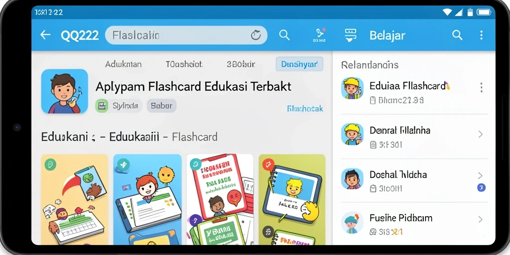 Antarmuka intuitif aplikasi QQ222 untuk belajar dengan flashcard.
